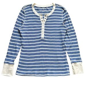 Aerie Women's XL White Blue Striped Long Sleeve Ribbed Button Down Henley Top